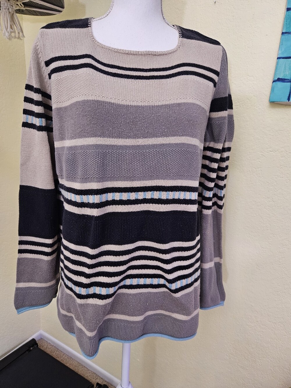 Gudrun Sjoden Alfrida Striped Knit Women's Sweater - Beige, Gray & Black Sz M